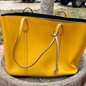 Tory Burch Bright Yellow Pebbled Leather Tote with Gold Charm